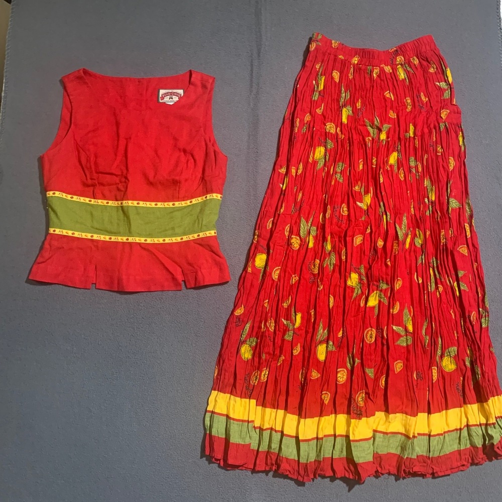Pine Cove VTG 90s Red Lemon Print 2 Piece Set Peplum Vest Top Maxi Skirt Small
